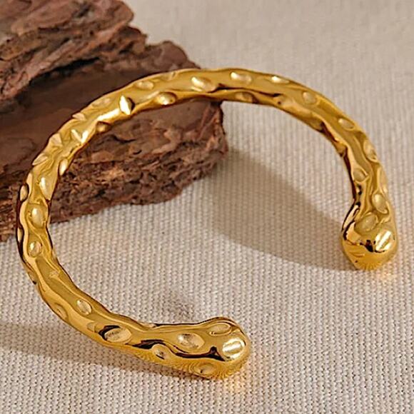 "Hammered Gold Plated Contour Bangle, Unique Stainless Steel Cuff, Trendy - Picture 2 of 12